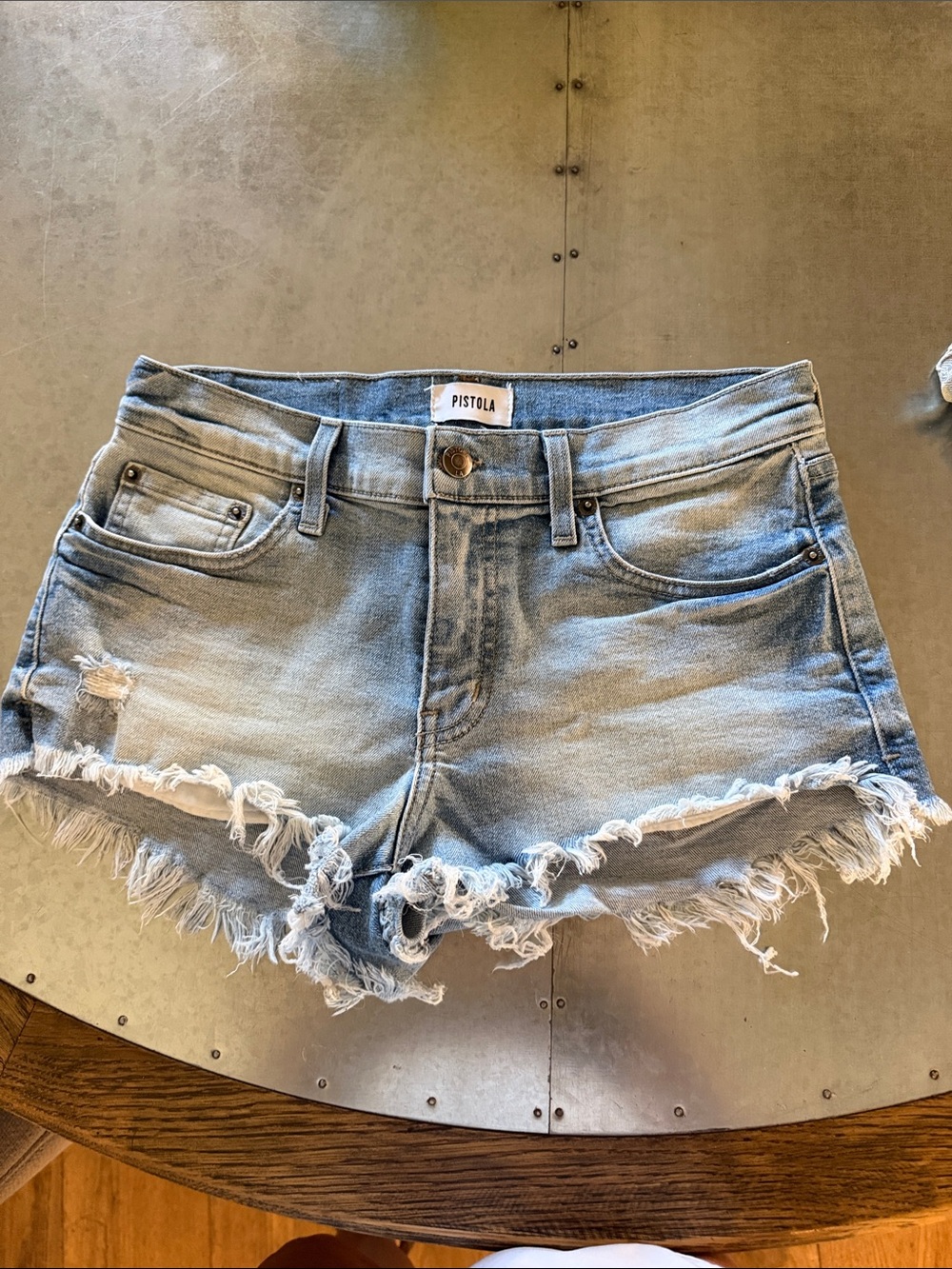 pistola faded light blue distressed frayed denim shorts, 27